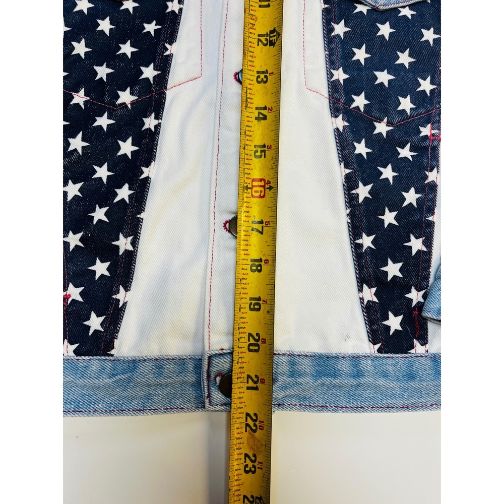 Fuse Paris M Denim Bomber Jacket USA Flag‎ Stars Stripes Trucker Moto VTG Unisex - Picture 13 of 15